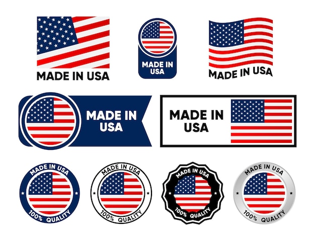 Made in USA label collection Set of flat isolated stamp made in USA 100 percent quality