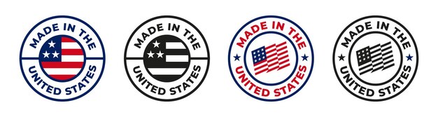 Vettore distintivi con sigillo made in usa etichette americane prodotto di qualità americana logo o timbro patriottico etichette con bandiera dell'america