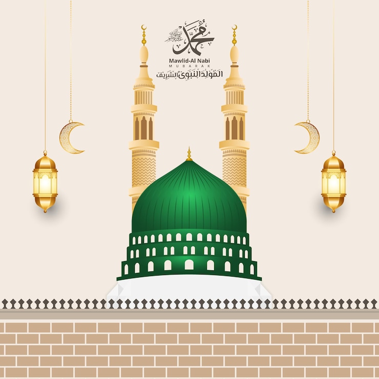Vector madina nabawi mosque illustration for milad un nabi mubarak greeting card background