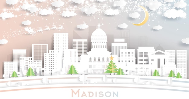 Orizzonte della città di madison wisconsin in stile taglio carta con luna di fiocchi di neve e ghirlanda al neon