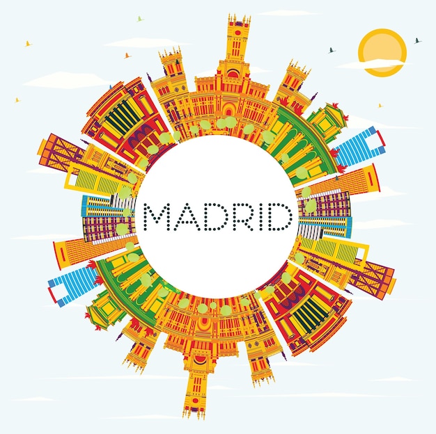 Vector madrid skyline met kleur gebouwen, blauwe lucht en kopie ruimte. vectorillustratie. zakelijk reizen en toerisme concept met historische architectuur. afbeelding voor presentatiebanner plakkaat en website.