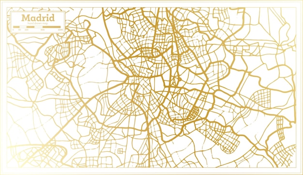 Mappa della città di madrid in spagna in stile retrò con mappa di contorno a colori dorati