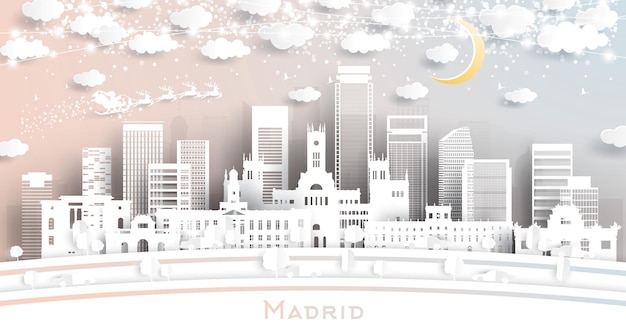 Orizzonte della città di madrid spagna in stile taglio carta con fiocchi di neve, luna e ghirlanda al neon. illustrazione di vettore. concetto di natale e capodanno. babbo natale sulla slitta.