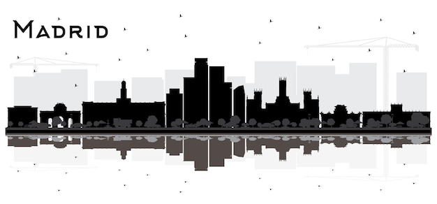 madrid spain city skyline silhouette with black buildings and reflections isolated on white. vector illustration. business travel and tourism concept. madrid cityscape with landmarks.