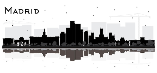 Madrid Spain City Skyline Silhouette with Black Buildings and Reflections Isolated on White. Vector Illustration. Business Travel and Tourism Concept. Madrid Cityscape with Landmarks.