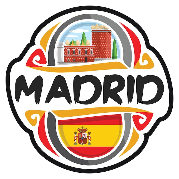 Madrid Spain Flag Travel Souvenir Sticker Skyline Logo Badge Stamp Seal Emblem Vector SVG EPS