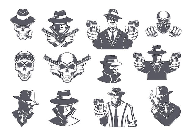 Вектор Значки мафии стилизованная черная эмблема гетто хабар полиция и бандиты символы точные векторные изображения гангста набор