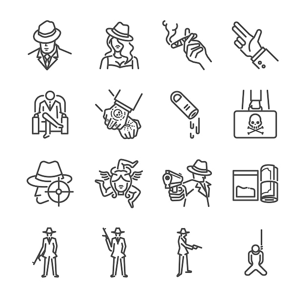 Mafia and Gangster line icon set.