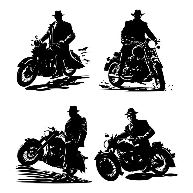 Mafia riding motorcycle bike vector black silhouette isolated on white background Detective rider