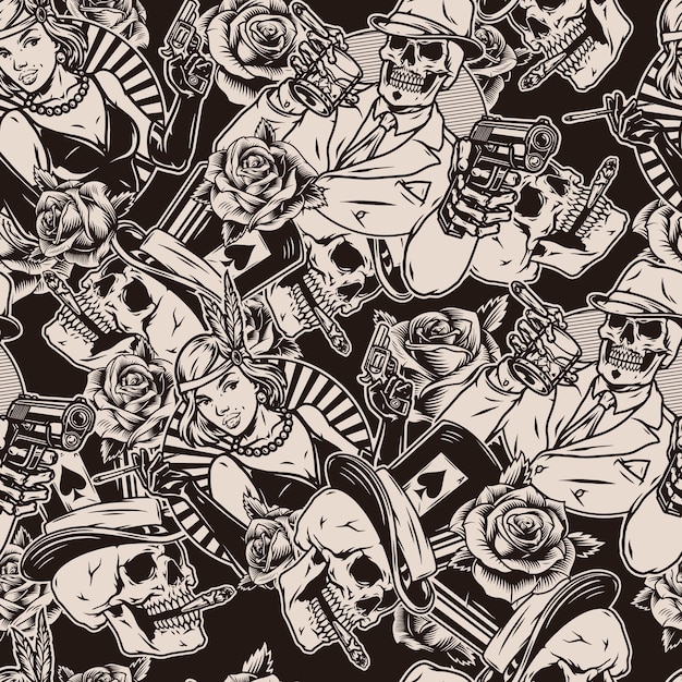 Mafia vintage monochrome seamless pattern