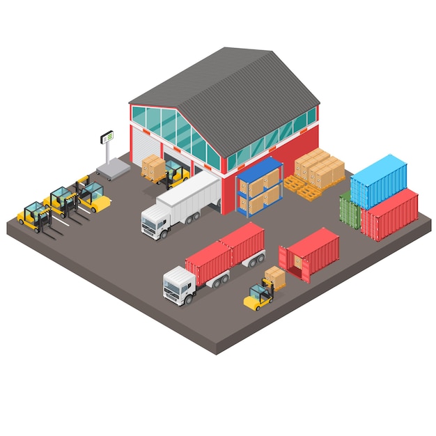 Magazijn in isometrische weergave. containers voor transport. laden van lading. vrachtwagen. vorkheftruck met dozen. vector illustratie.