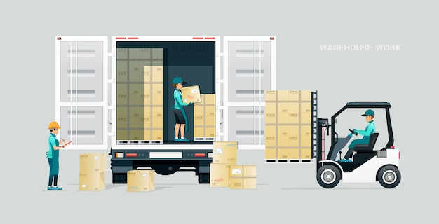 Magazijnmedewerkers inspecteren en leveren goederen per vrachtwagen