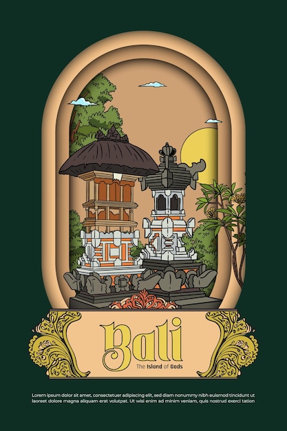 Vettore modello di copertina di una rivista o di un libro per il calendario del turismo con l'illustrazione della cultura balinese sanggah