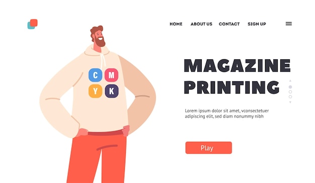 Magazine Printing Landing Page Template Bearded Man in Hoodie with Basic Color Palette Emblem Stand with Hands on Hips