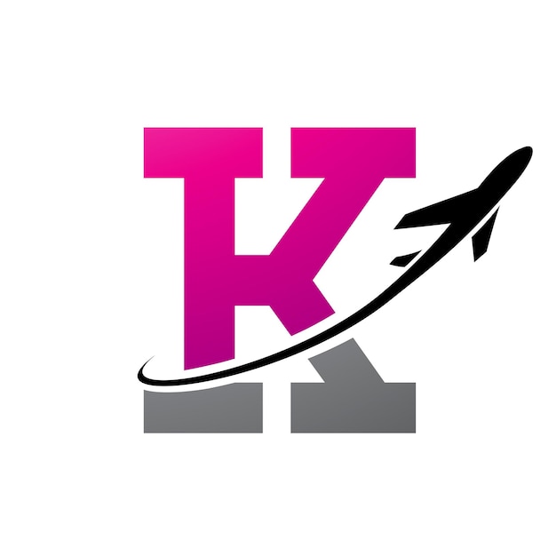 Magenta and Black Antique Letter K Icon with an Airplane on a White Background