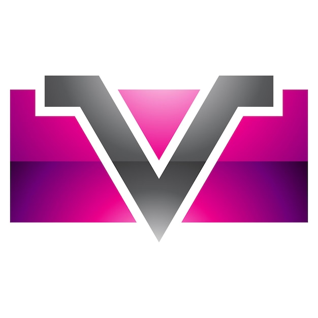 Vector magenta and black glossy rectangle shaped letter v icon