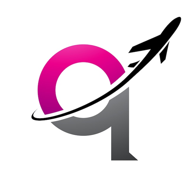 Magenta and Black Lowercase Letter Q Icon with an Airplane