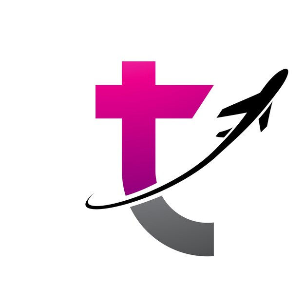 Magenta and black lowercase letter t icon with an airplane