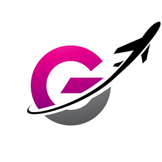 Magenta and black uppercase small letter g icon with an airplane