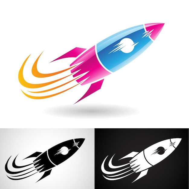 Vector magenta blue black and white rocket illustrations