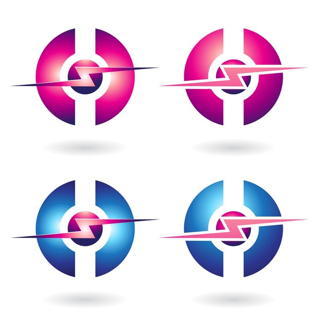 Vector magenta and blue horizontal thunder shapes with split circles