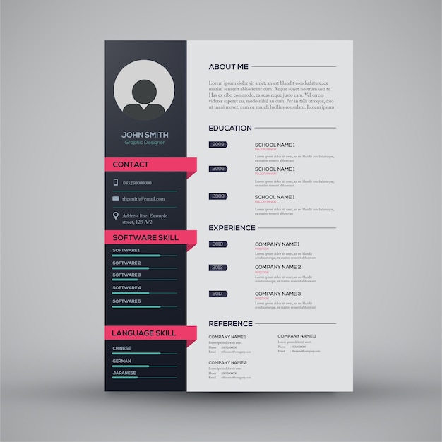 Vector magenta en zwarte cv-sjabloonontwerp