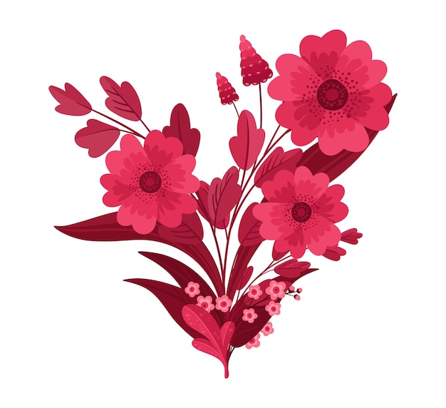 ベクトル マゼンタのフラワーアレンジメント 咲く赤とピンクのコンポジション 花の葉とハートのクリップアート