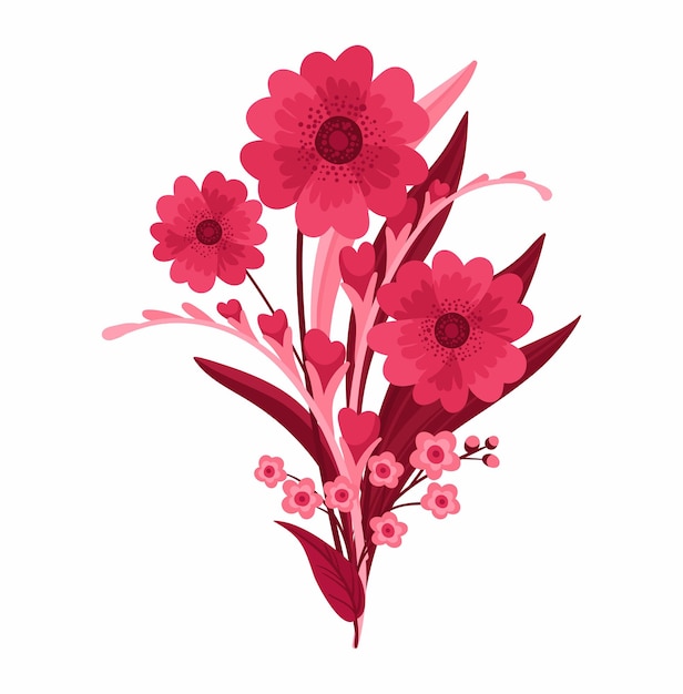 Vector magenta floral arrangement blooming red and pink meadow composition flowers leaves and hearts