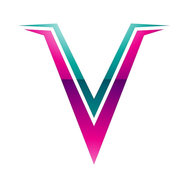 Vector magenta and green glossy spiky shaped letter v icon on a white background