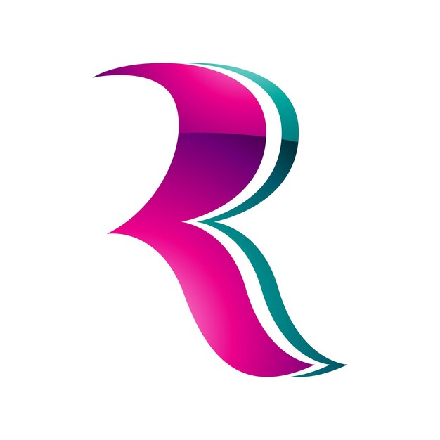 Vector magenta and green glossy wavy shaped letter r icon