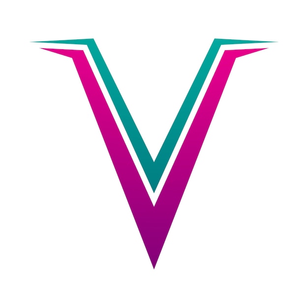 Vector magenta and green spiky shaped letter v icon