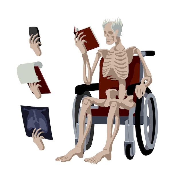 Magere Hein is met pensioen. Een skelet in een rolstoel riet een boek.