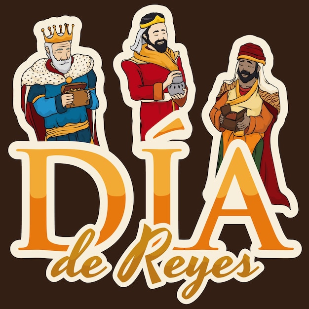 신생 예수 를 위한 선물 을 들고 있는 마기 들 이 스페인어 로 에피파니 축제 나 디아 데 레예스 를 축하 하고 있다
