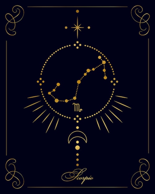 Vector magic astrology poster with scorpio constellation, tarot card. golden design on a black background.