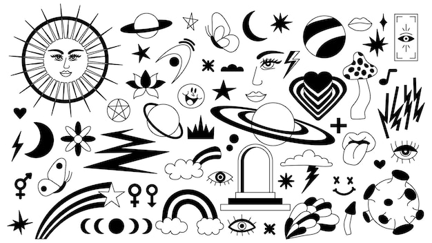 Vector magic background in retro style with hand drawn elements decorative mystical vector isolated pattern editable stroke stickers esoteric element in minimalism collection of occult symbols tattoo art