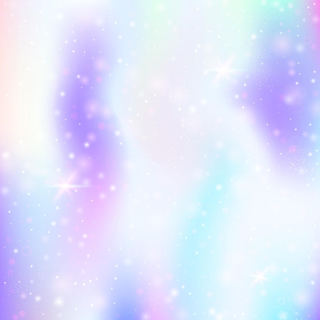 レインボーメッシュと魔法の背景。プリンセスカラーのガーリーユニバースバナー。ホログラム付きのファンタジーグラデーションの背景。妖精の輝き、星、ぼかしのあるホログラフィックマジックの背景。