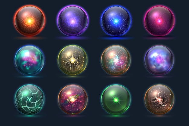 Vector magic balls. energy mysterious orbs, magical crystal glass prediction paranormal sphere