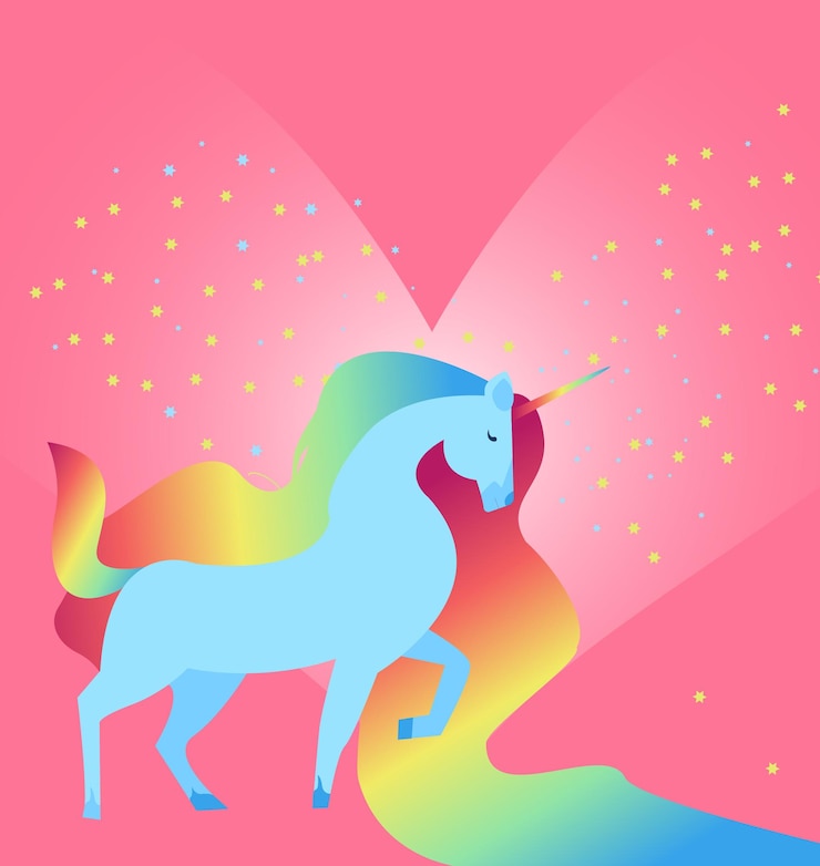 Vector magic blue rainbow unicorn on pink background with stars and hearts. editable vector illustration