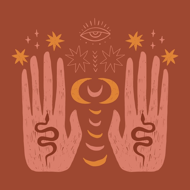 Magic boho moon hand vector terracotta illustration