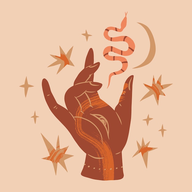 Magic boho moon hand vector terracotta illustration