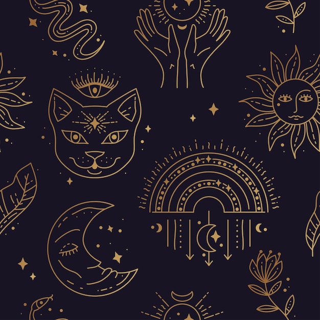 Magic boho symbols seamless pattern backdrop of gypsy sacred elements and sign in modern boho style golden minimal line art