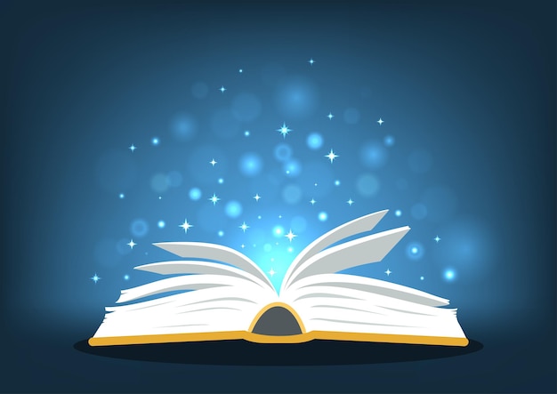 Vector magic book. open book with magic lights on dark blue background