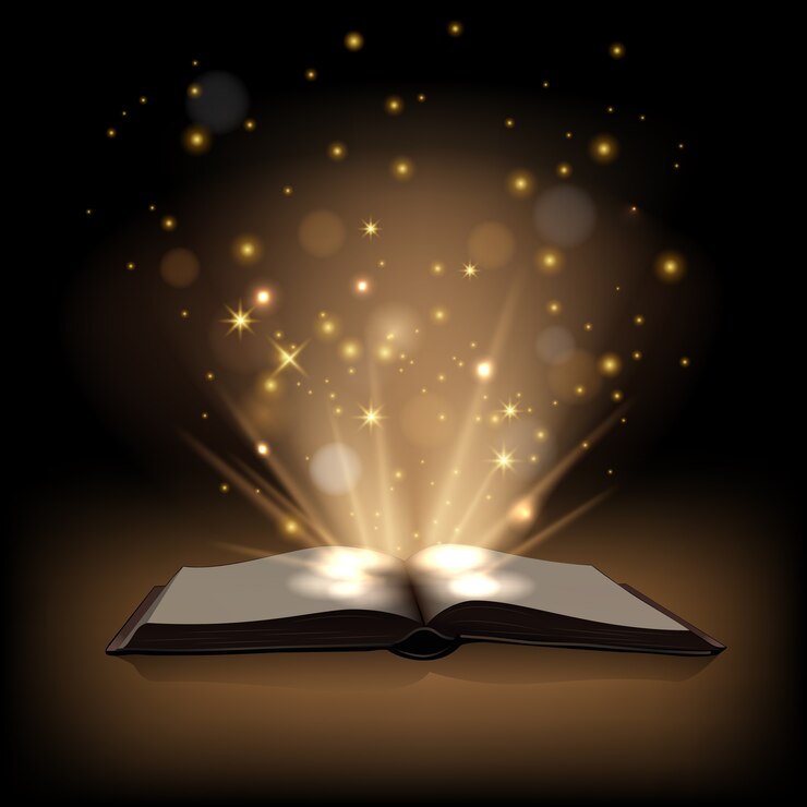 Vector magic book with magic lights on dark brown background.