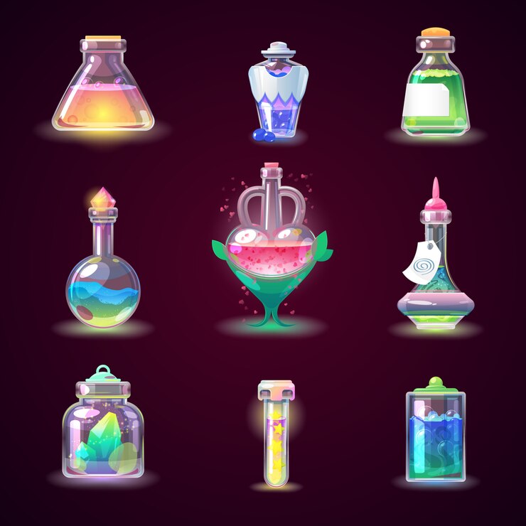 Vector magic bottle  magical game potion in glass or liquid poison drink of alchemy or chemistry illustration