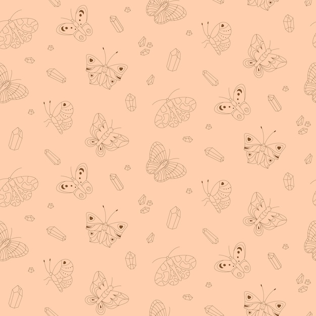 Magic butterflies and crystals seamless pattern