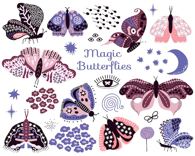 Farfalle e falene magiche. set di insetti volanti mistici fantasy. luna, stelle, occhi, fiori. illustrazione vettoriale