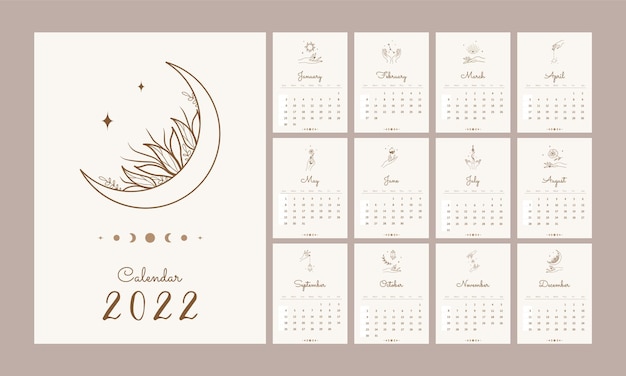 Vector magic calendar 2022. template with hands and celestial elements.