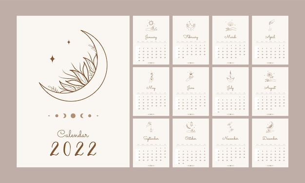 Calendario magico 2022. modello con mani ed elementi celesti.
