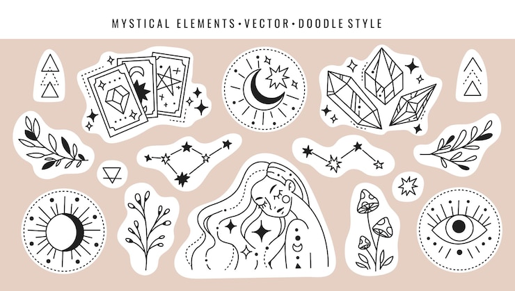 Vector magic cards, crystals constellation, girl, mushrooms, plants and magic symbols. set of mystical elements in doodle style.