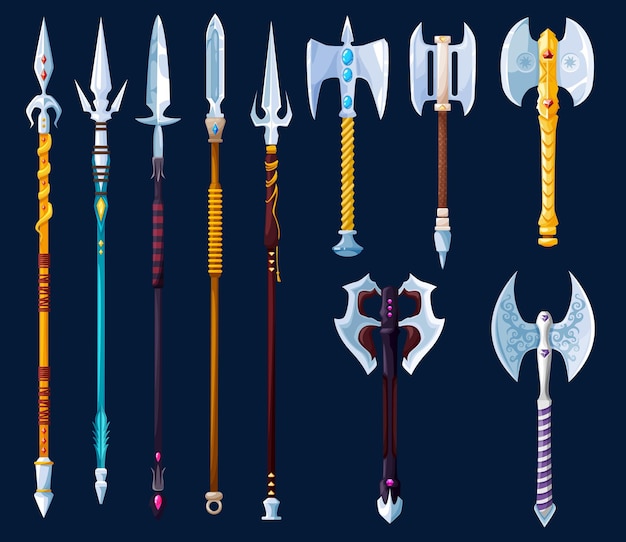 Vector magic cartoon axes hatchets spears and lances